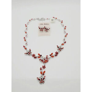 Rhodium Cubic z red butterfly necklace and earrings set